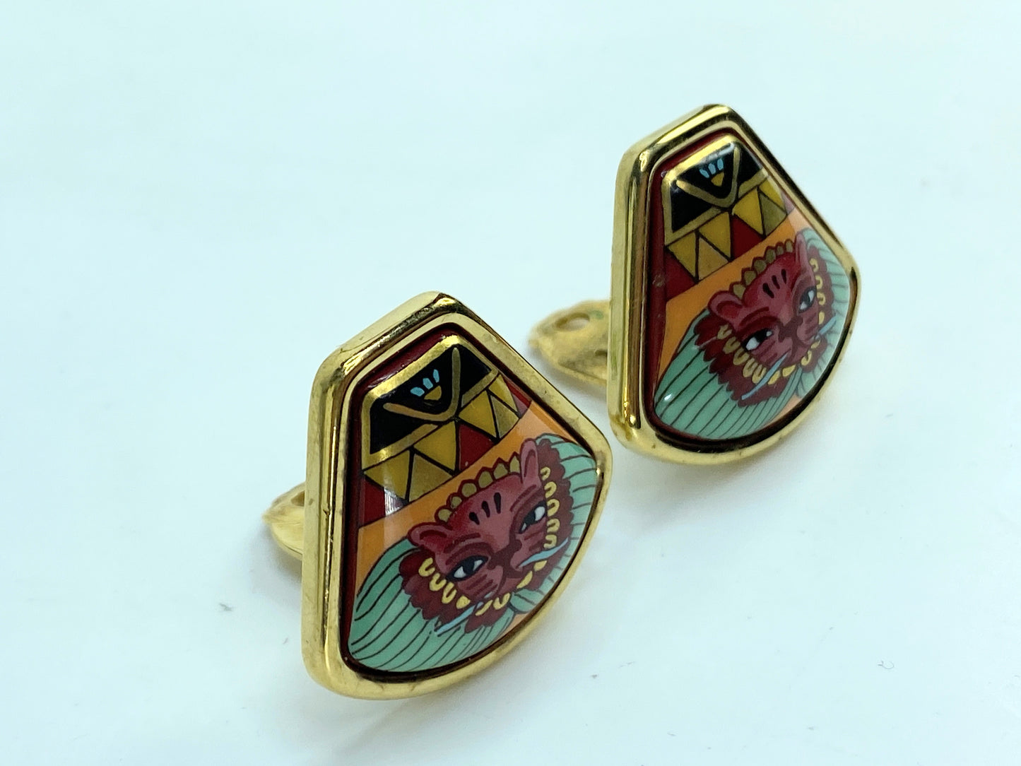 Hermès Hermes Gold and Multi-Color Cloisonné Clip Earrings ...in box GS674