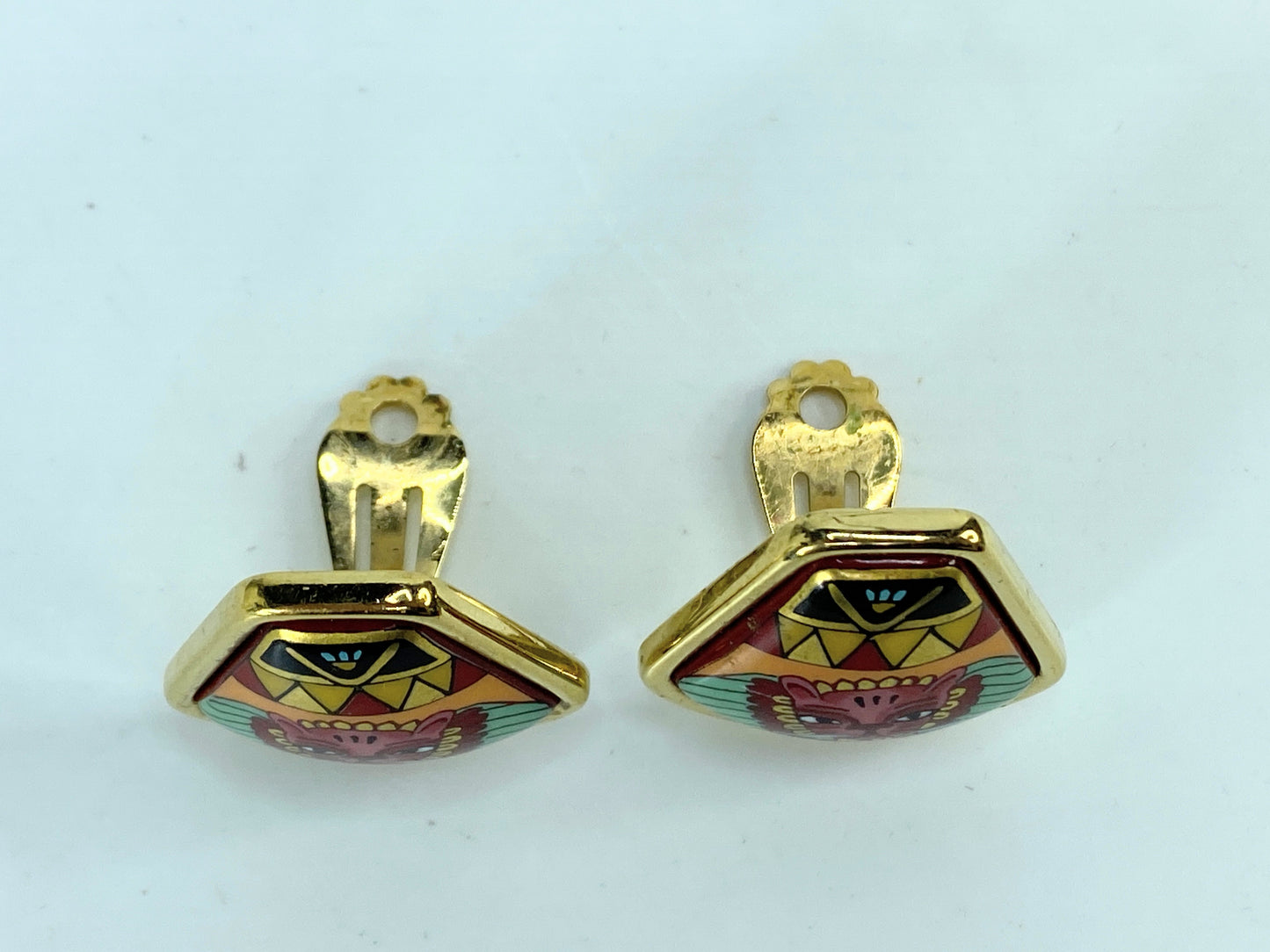 Hermès Hermes Gold and Multi-Color Cloisonné Clip Earrings ...in box GS674
