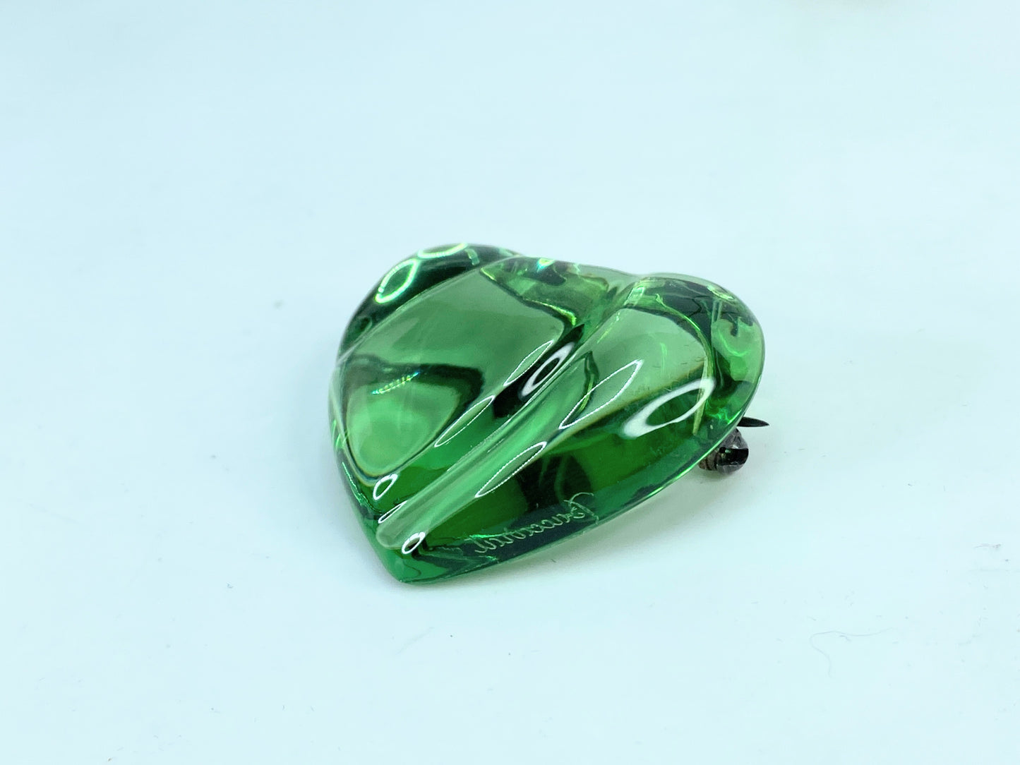 BACCARAT France HEART Light Green Color Crystal Sterling Pin Brooch Pouch GS675