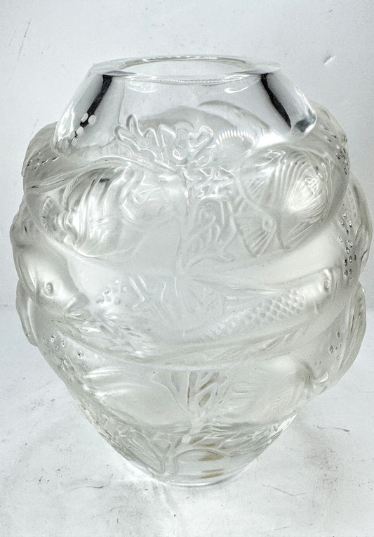 Vintage Lalique Crystal Vase, Tarpon Frosted Crystal Fish Coral Vase A988