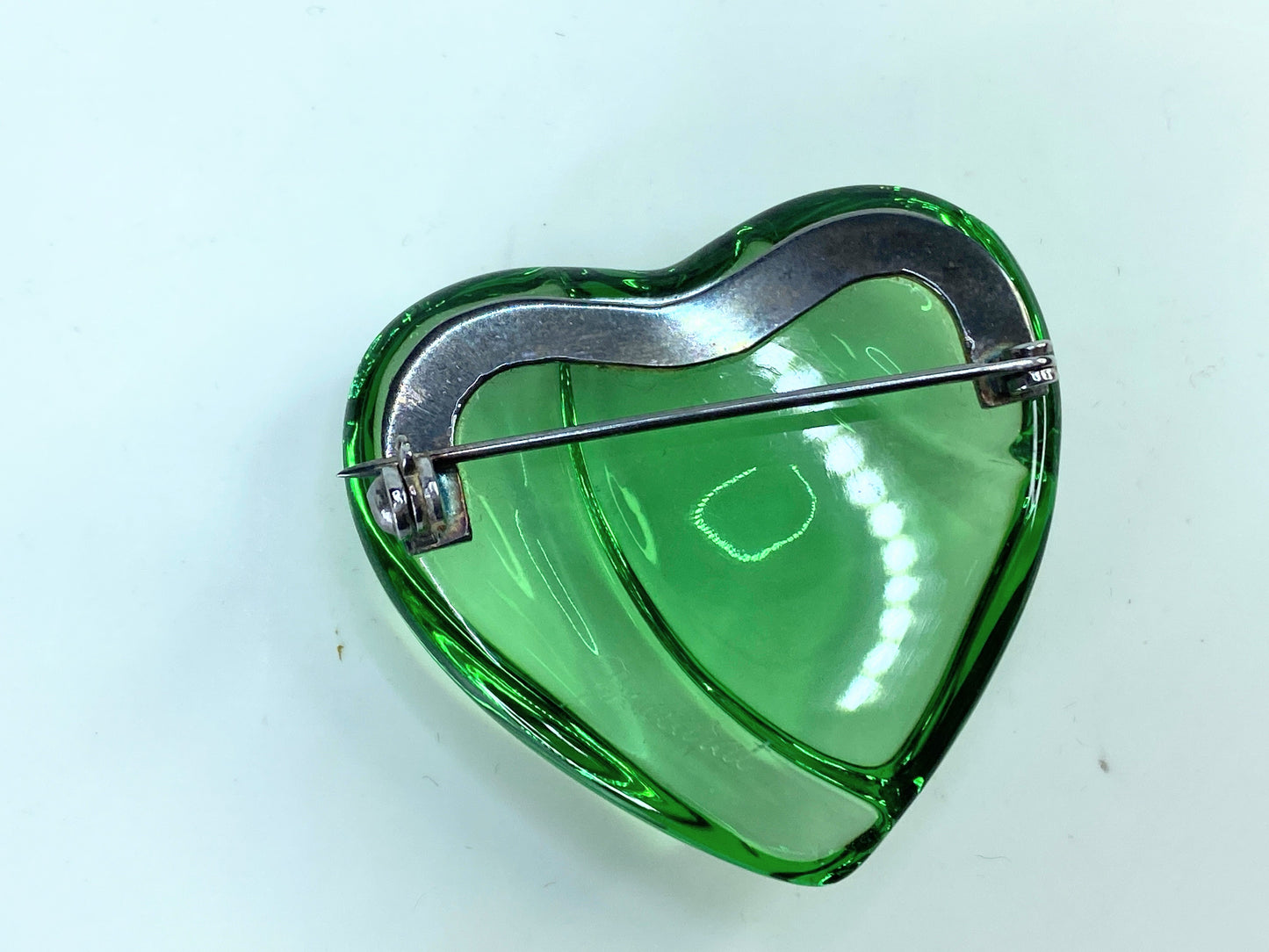 BACCARAT France HEART Light Green Color Crystal Sterling Pin Brooch Pouch GS675