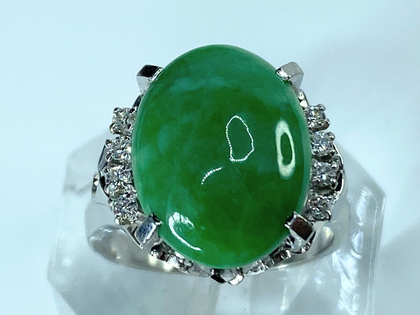 7.33ct Jadeite Jade cabochon 0.16ct G/VS Diamond in Platinum dress ring JR0008