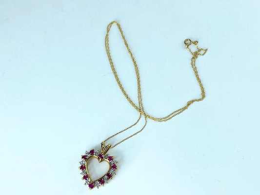 10K yellow gold 0.3ct Ruby Diamond accent Heart pendant necklace 18" 3g JR09