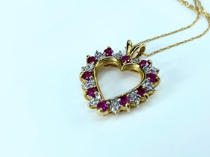 10K yellow gold 0.3ct Ruby Diamond accent Heart pendant necklace 18" 3g JR09