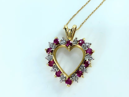 10K yellow gold 0.3ct Ruby Diamond accent Heart pendant necklace 18" 3g JR09