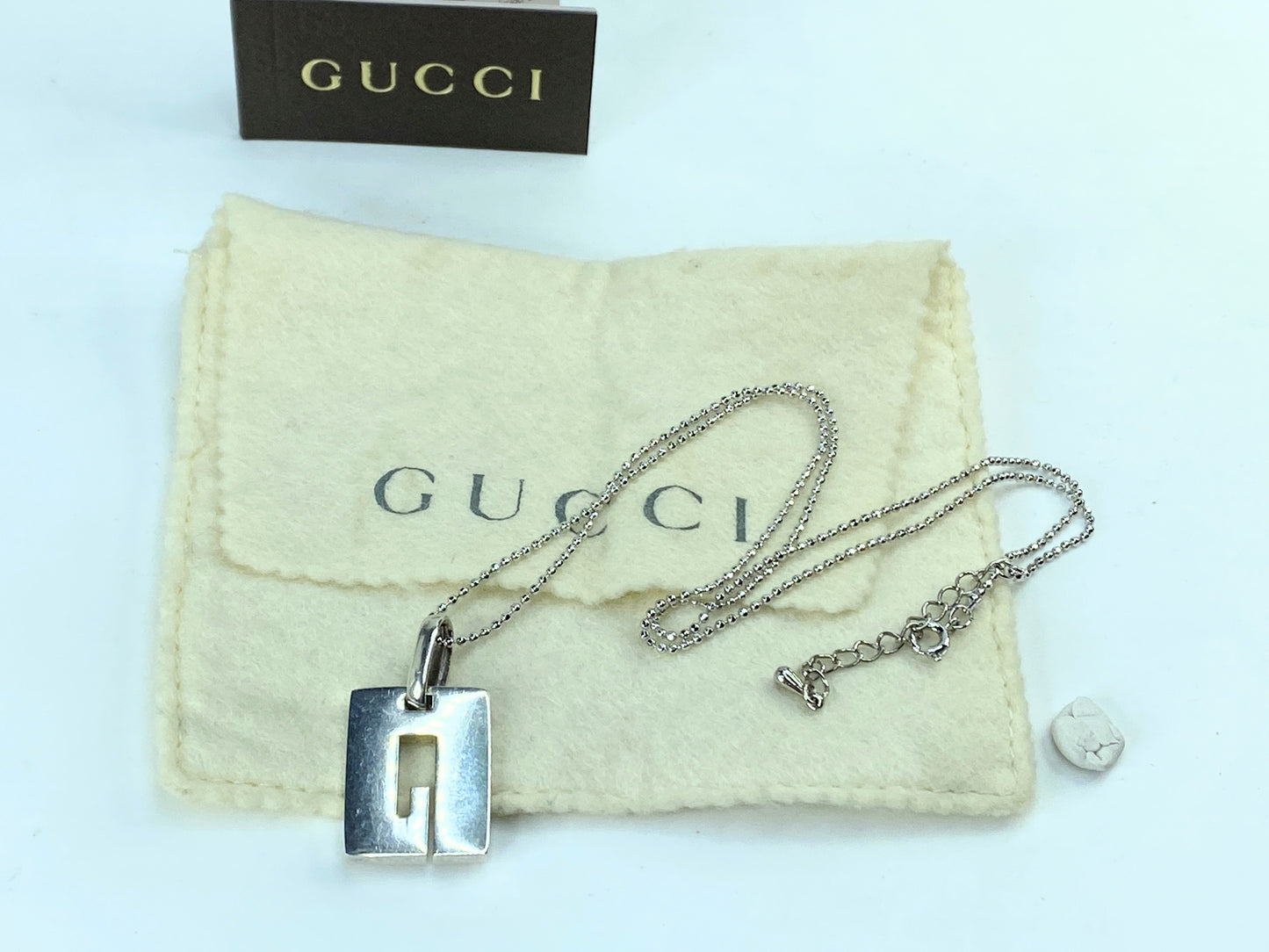 Vintage Gucci Sterling Logo Bar Venetian Chain Pendant Necklace with pouch GS684