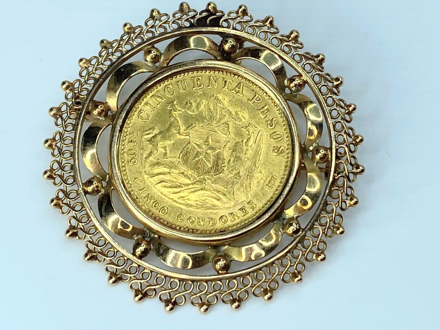 1926 Chile 50 Peso gold coin in 18K yellow gold filigree bezel 19.2g JR0014