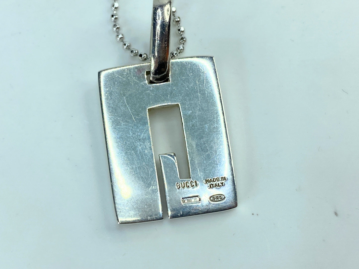 Vintage Gucci Sterling Logo Bar Venetian Chain Pendant Necklace with pouch GS684