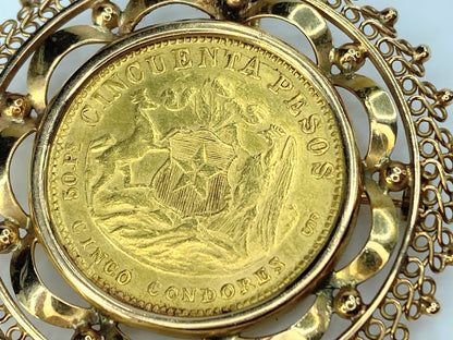 1926 Chile 50 Peso gold coin in 18K yellow gold filigree bezel 19.2g JR0014