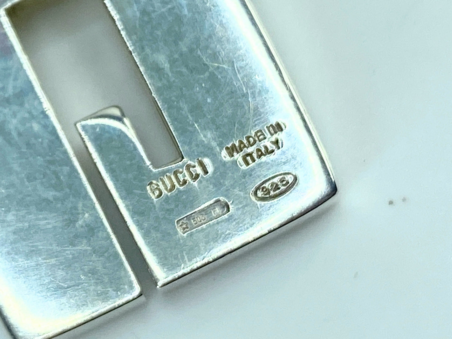 Vintage Gucci Sterling Logo Bar Venetian Chain Pendant Necklace with pouch GS684