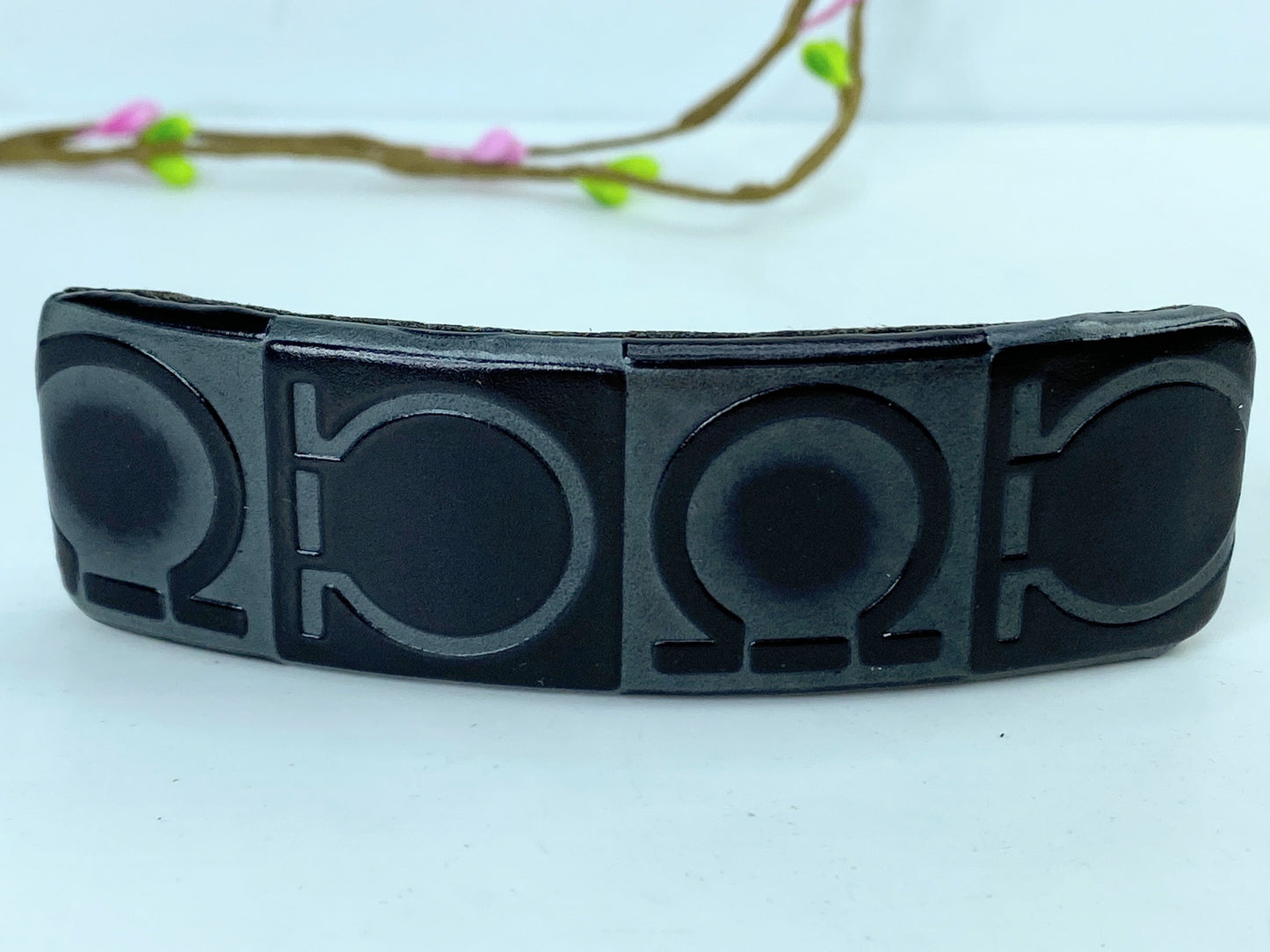 Rare Vintage Salvatore FERRAGAMO Black Leather Embossed Hair Barrette GS660