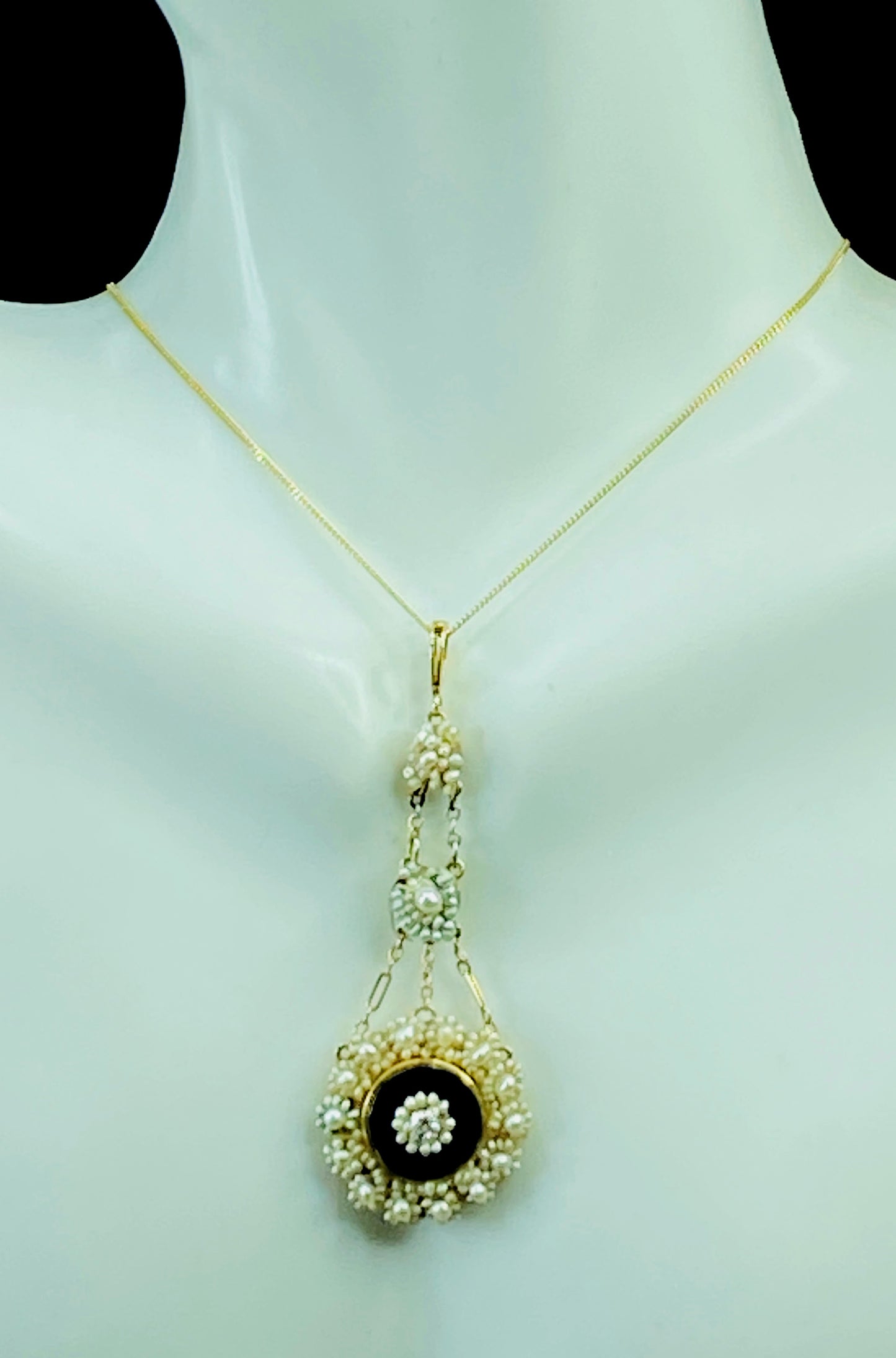 Art Deco 14K Diamond cultured Seed Pearl Onyx lariat choker necklace