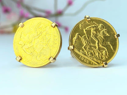 18K yellow gold 1905-1907 British Half Sovereign gold cuff link 15g GS165