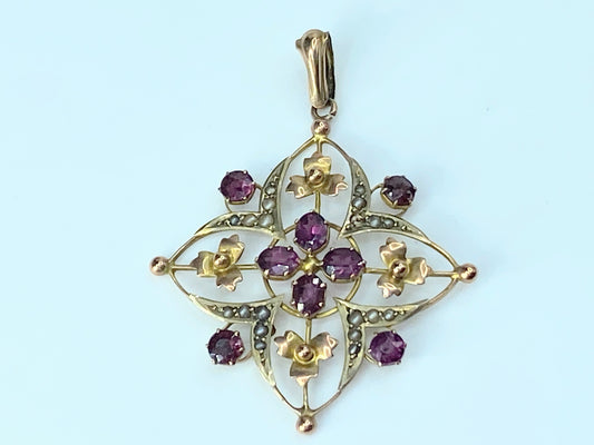 Art Nouveau, 9 Karat Yellow Gold, Pink Tourmaline & Seed Pearl Pendant JR0015