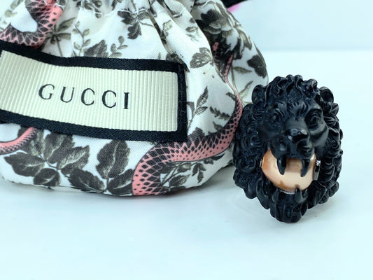 Gucci Black Lion Head Resin Cuff with Faux Pearl and Crystal GS693