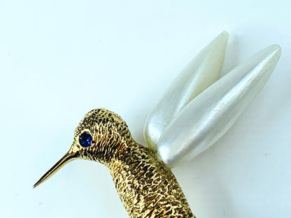 William Ruser Freshwater Pearl Sapphire eyes Hummingbird set brooch