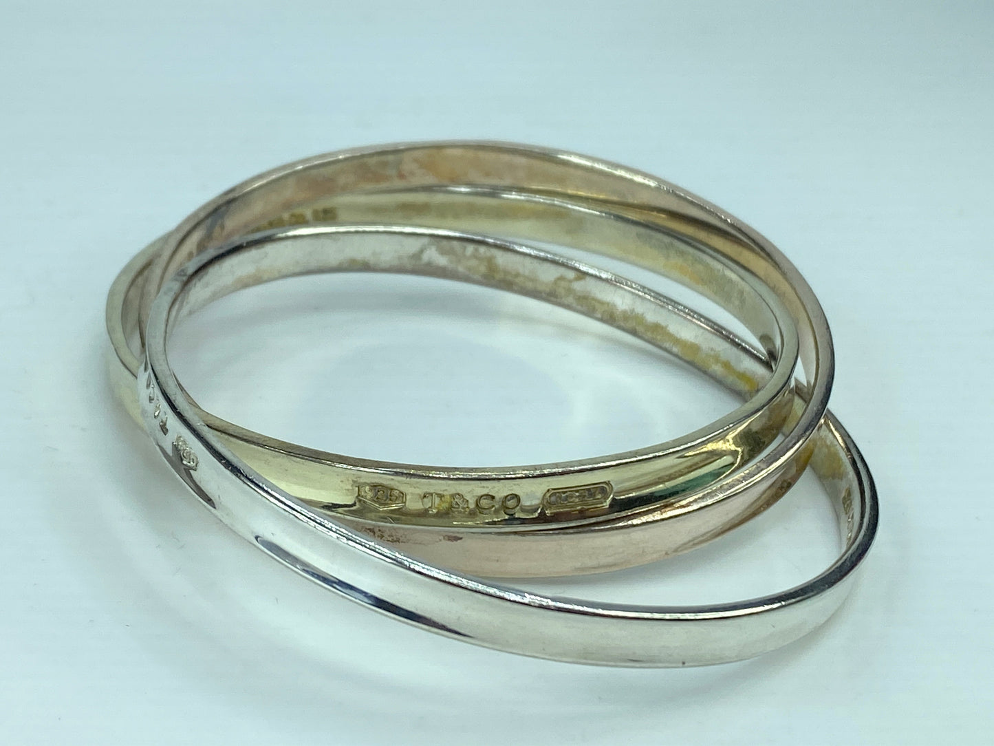 Tiffany Sterling 925 yellow/rose/silver Triple Rolling Bangle Bracelet JR680