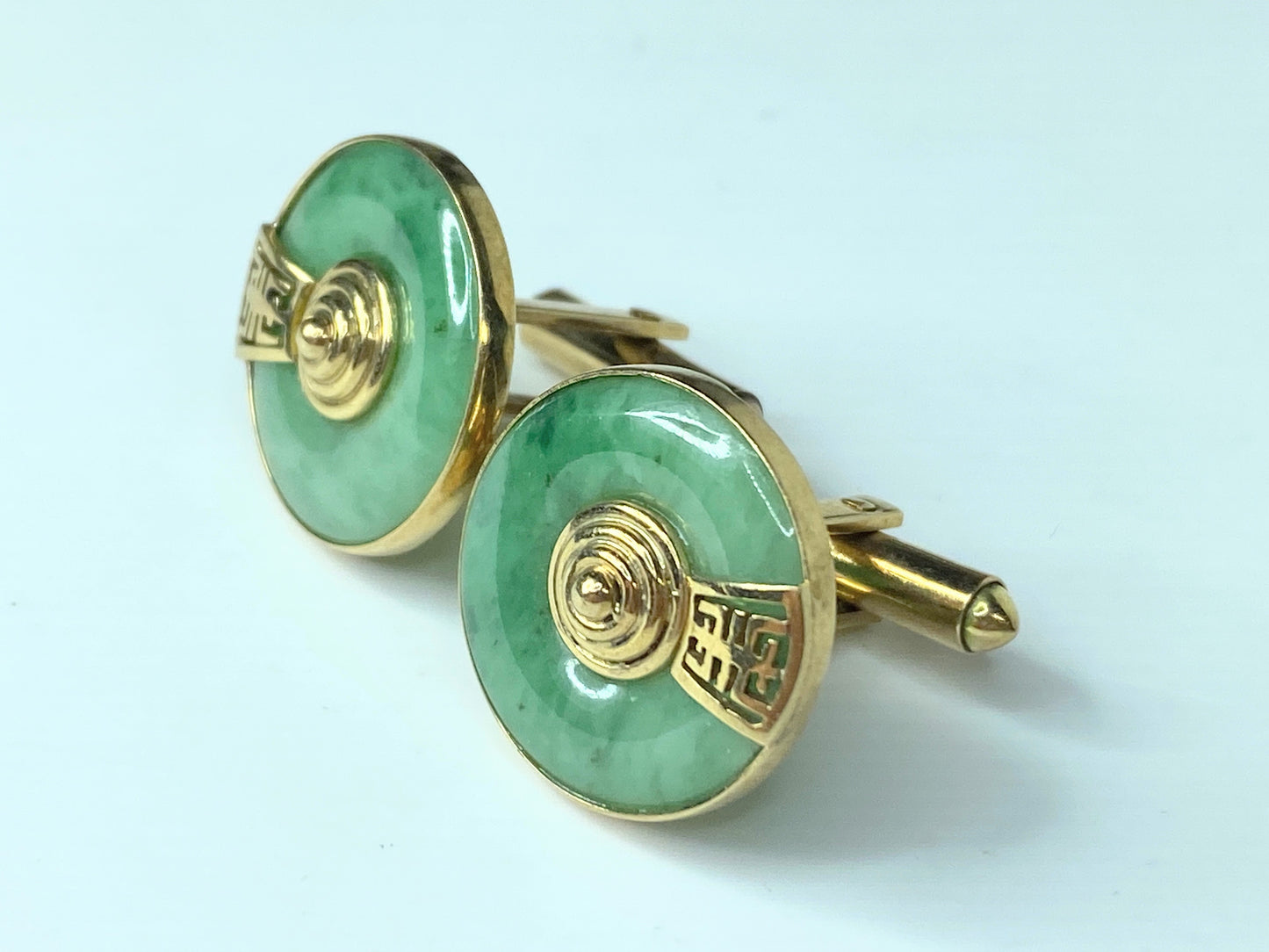 Vintage 14k Yellow Gold Jade Cufflinks with Chinese Characters