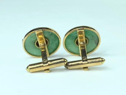 Vintage 14k Yellow Gold Jade Cufflinks with Chinese Characters