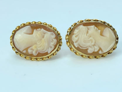 c1990 14K yellow gold Shell Cameo oval twisted top bezel earrings 2.8g JR9866