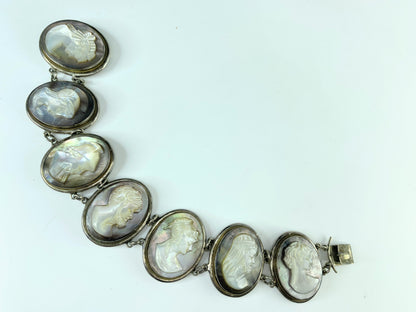 Antique Victorian Sterling Mother of Pearl Mop Carved God Cameo Bracelet JR9867