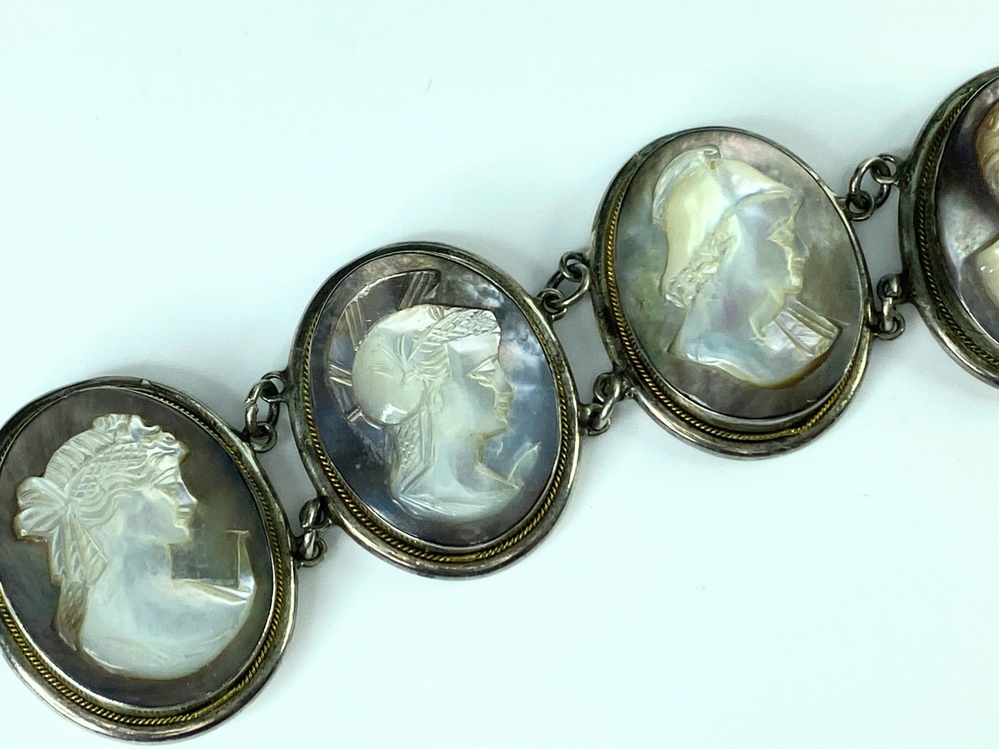 Antique Victorian Sterling Mother of Pearl Mop Carved God Cameo Bracelet JR9867