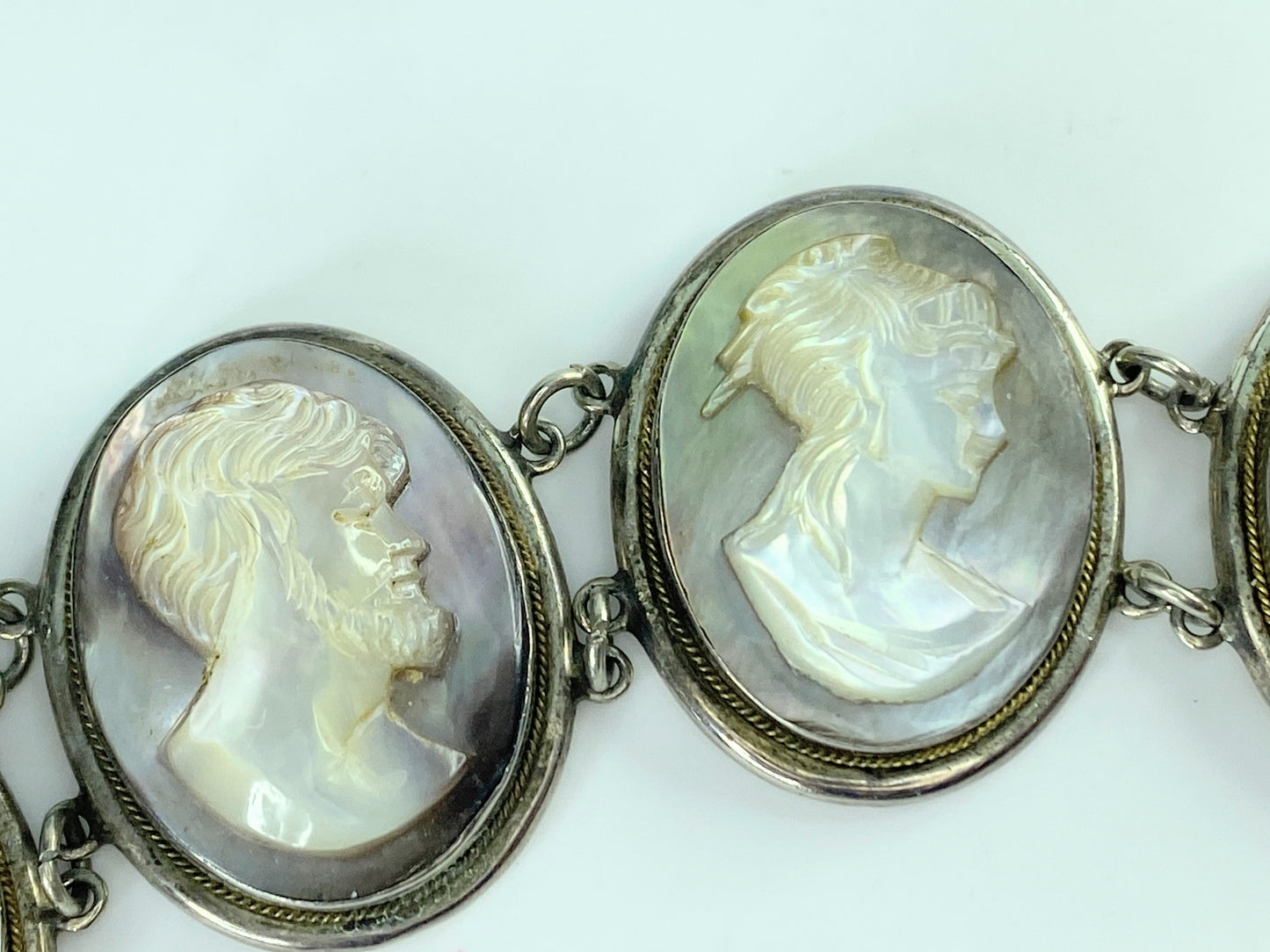 Antique Victorian Sterling Mother of Pearl Mop Carved God Cameo Bracelet JR9867