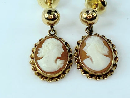 Art Deco 14 karat Cameo gold bead dangle threat post earrings