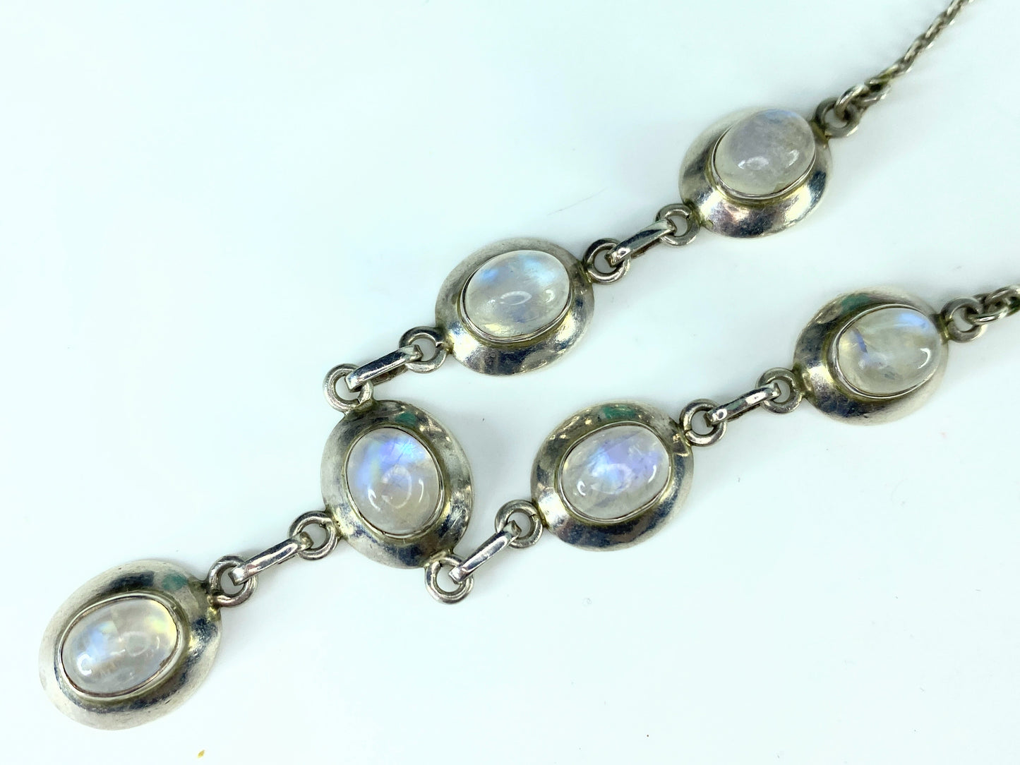 Sterling silver Rainbow Moonstone cabochon station link necklace 18.9g 17"JR9868