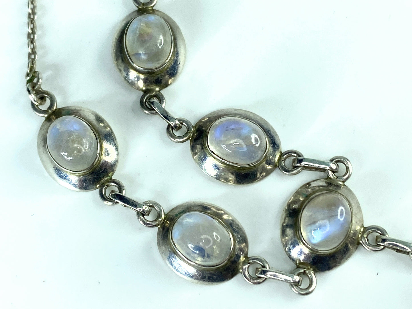 Sterling silver Rainbow Moonstone cabochon station link necklace 18.9g 17"JR9868