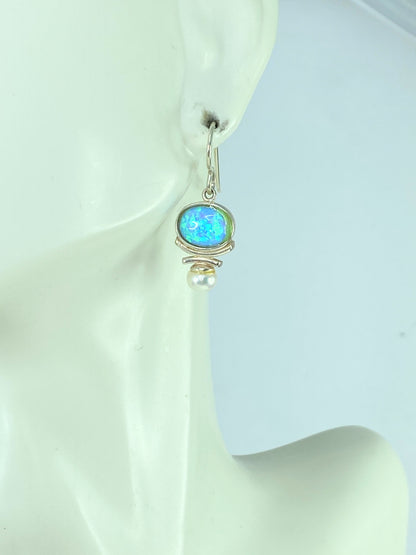 Sterling Silver Opal Triplets freshwater Pearl dangle earrings 1.0" JR9875