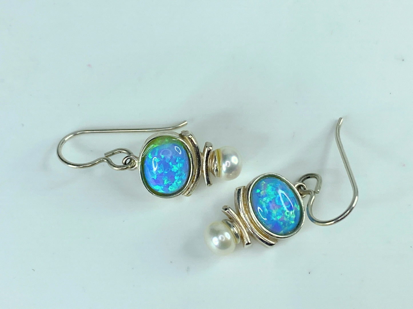 Sterling Silver Opal Triplets freshwater Pearl dangle earrings 1.0" JR9875