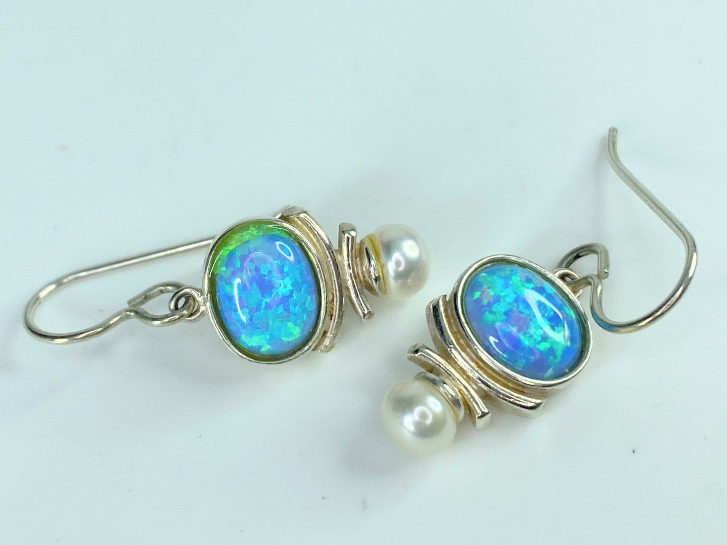 Sterling Silver Opal Triplets freshwater Pearl dangle earrings 1.0" JR9875