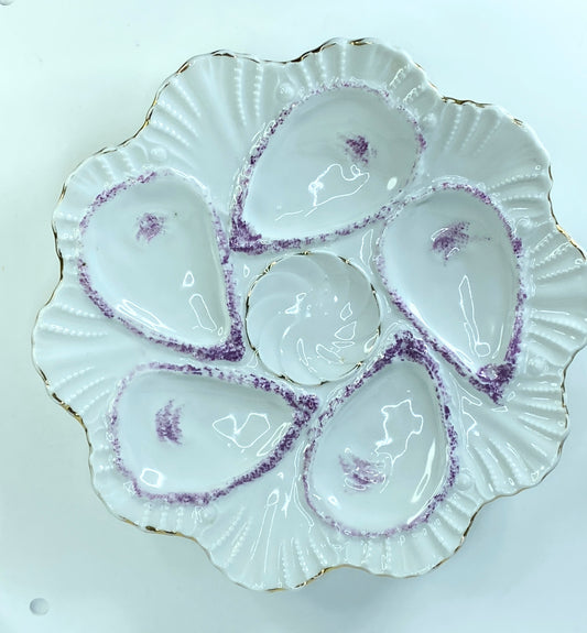 Antique German Gold Trim Scallop Edge Purple Shell Highlight oyster plate A523