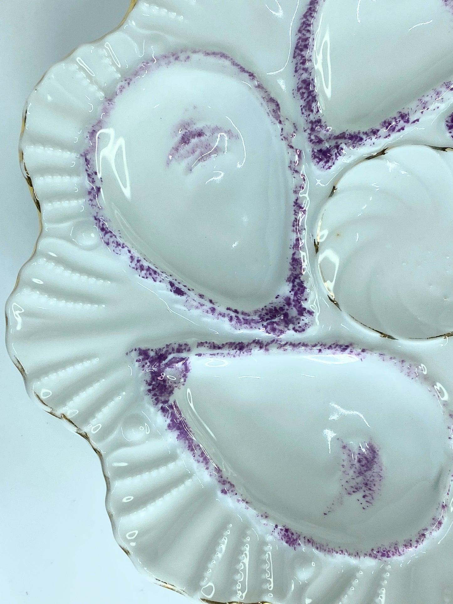 Antique German Gold Trim Scallop Edge Purple Shell Highlight oyster plate A523