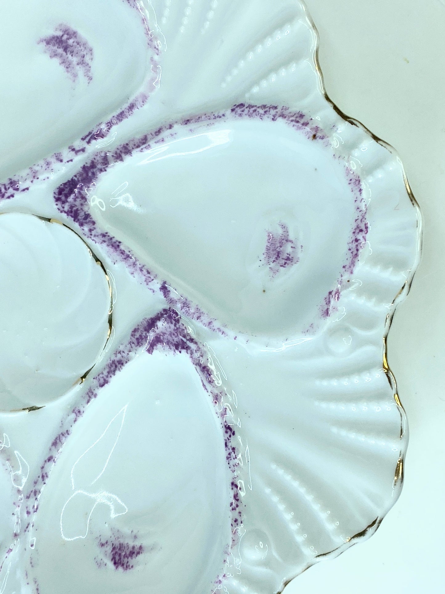 Antique German Gold Trim Scallop Edge Purple Shell Highlight oyster plate A523