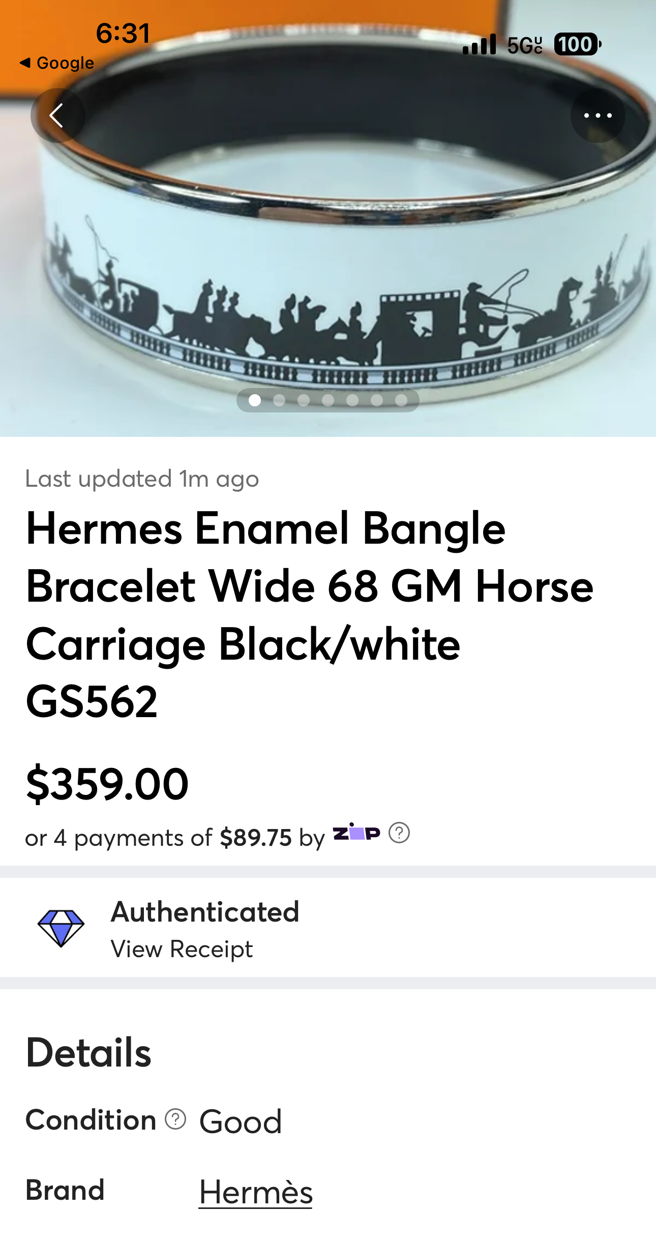 Hermes Enamel Bangle Bracelet Wide 65 GM Horse Carriage Black/white 2007 GS562