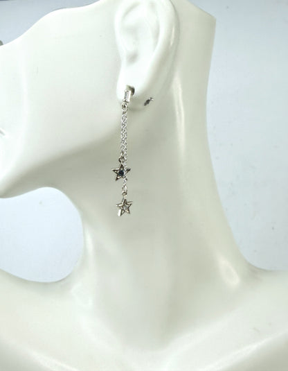 New 14K Gold Diamond & Blue Diamond Star Drop Earrings 1.5" Custom JR1542