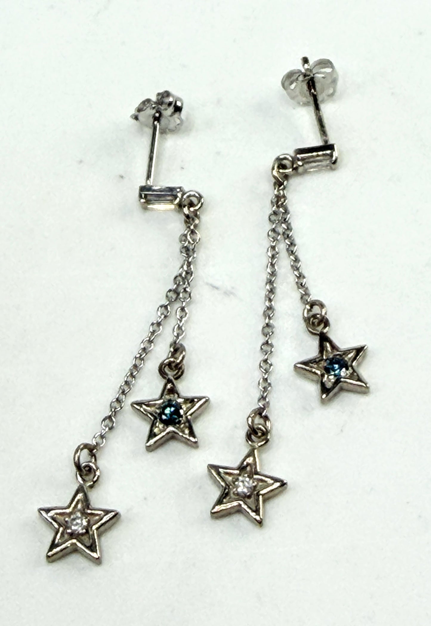 New 14K Gold Diamond & Blue Diamond Star Drop Earrings 1.5" Custom JR1542