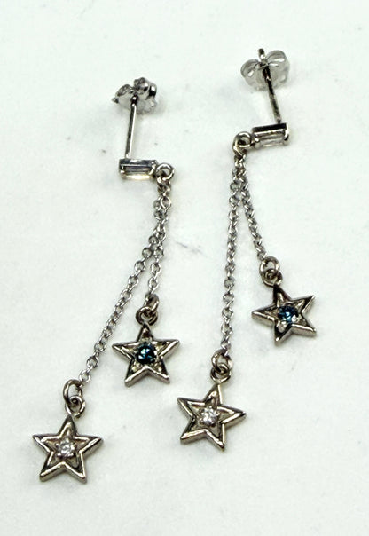 New 14K Gold Diamond & Blue Diamond Star Drop Earrings 1.5" Custom JR1542