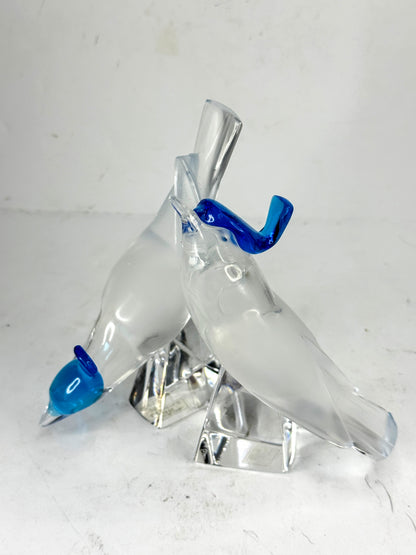 Lalique France Pair Pimlico Blue Crested Birds Crystal Figurines Mint A1018