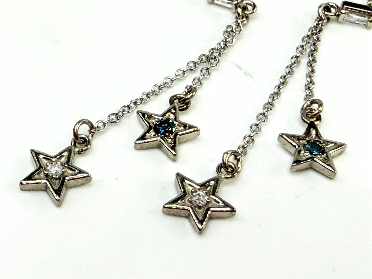 New 14K Gold Diamond & Blue Diamond Star Drop Earrings 1.5" Custom JR1542