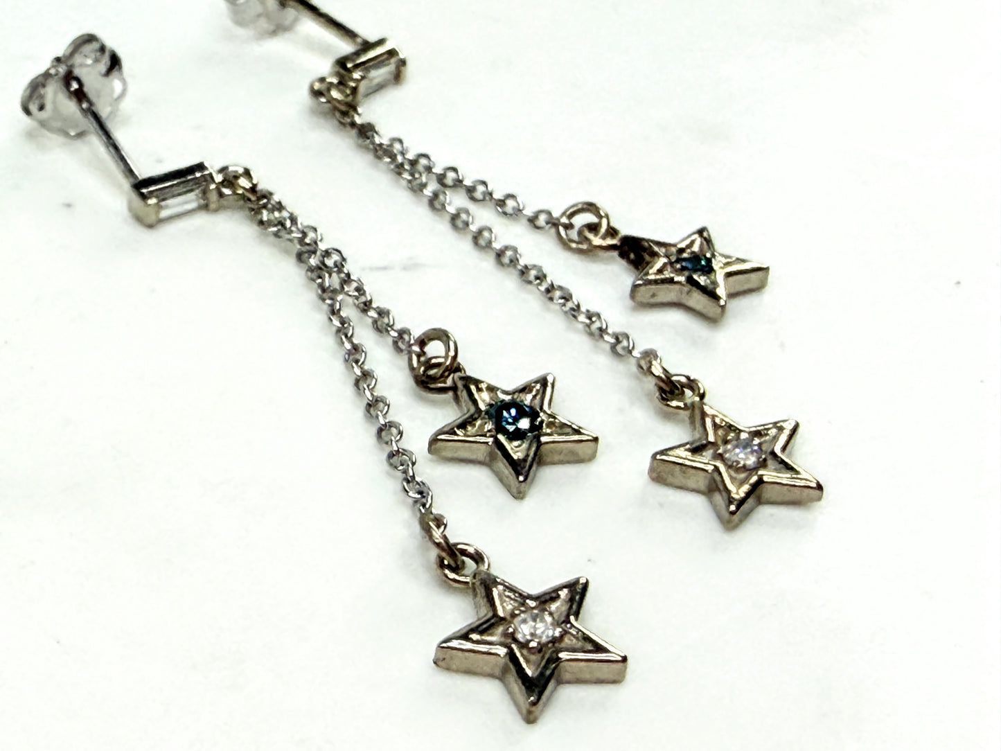 New 14K Gold Diamond & Blue Diamond Star Drop Earrings 1.5" Custom JR1542