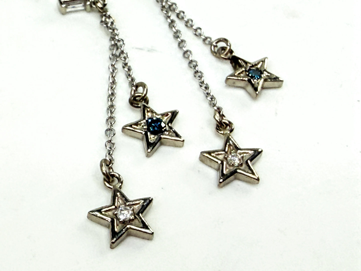 New 14K Gold Diamond & Blue Diamond Star Drop Earrings 1.5" Custom JR1542