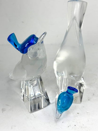 Lalique France Pair Pimlico Blue Crested Birds Crystal Figurines Mint A1018