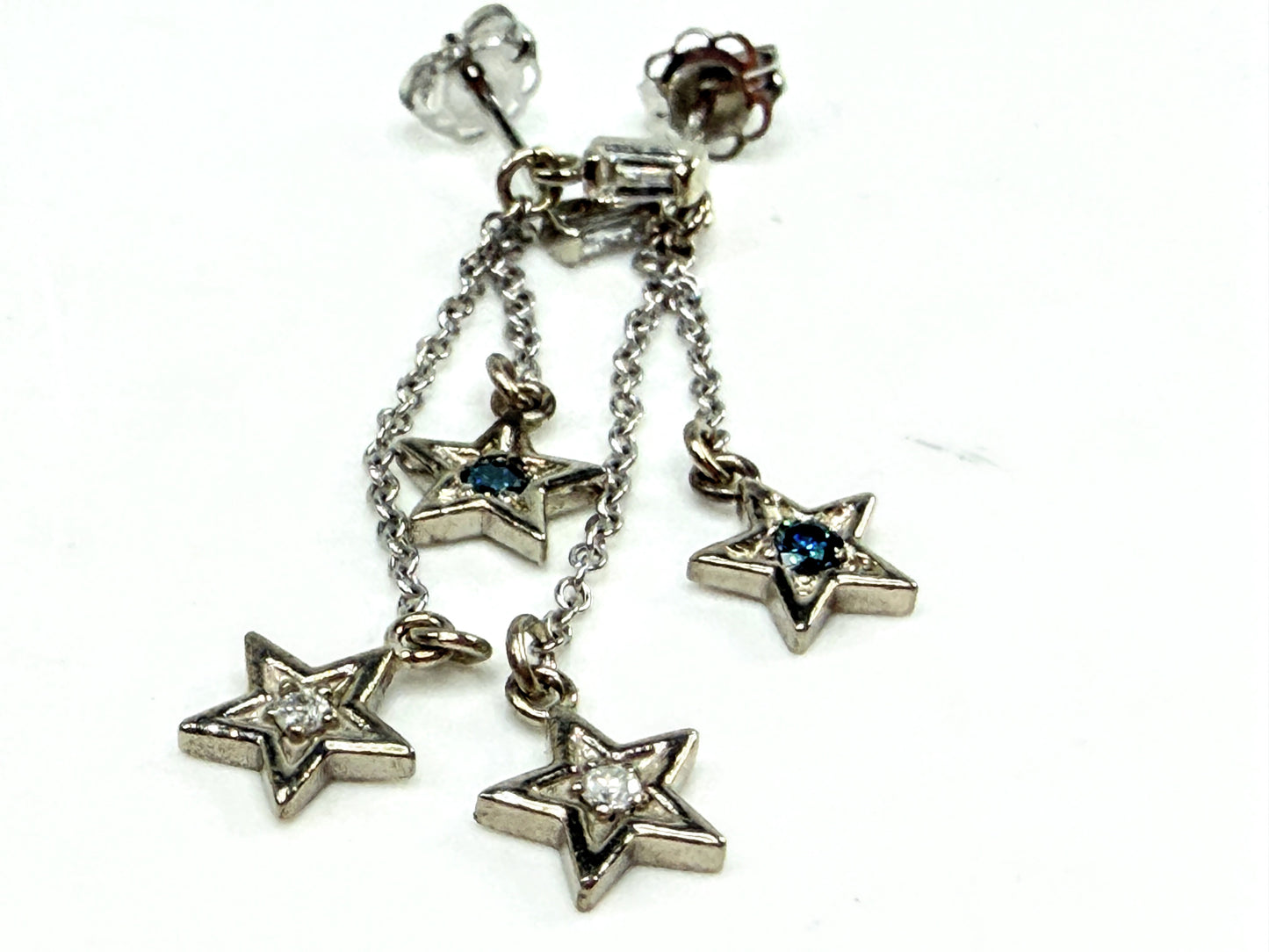 New 14K Gold Diamond & Blue Diamond Star Drop Earrings 1.5" Custom JR1542