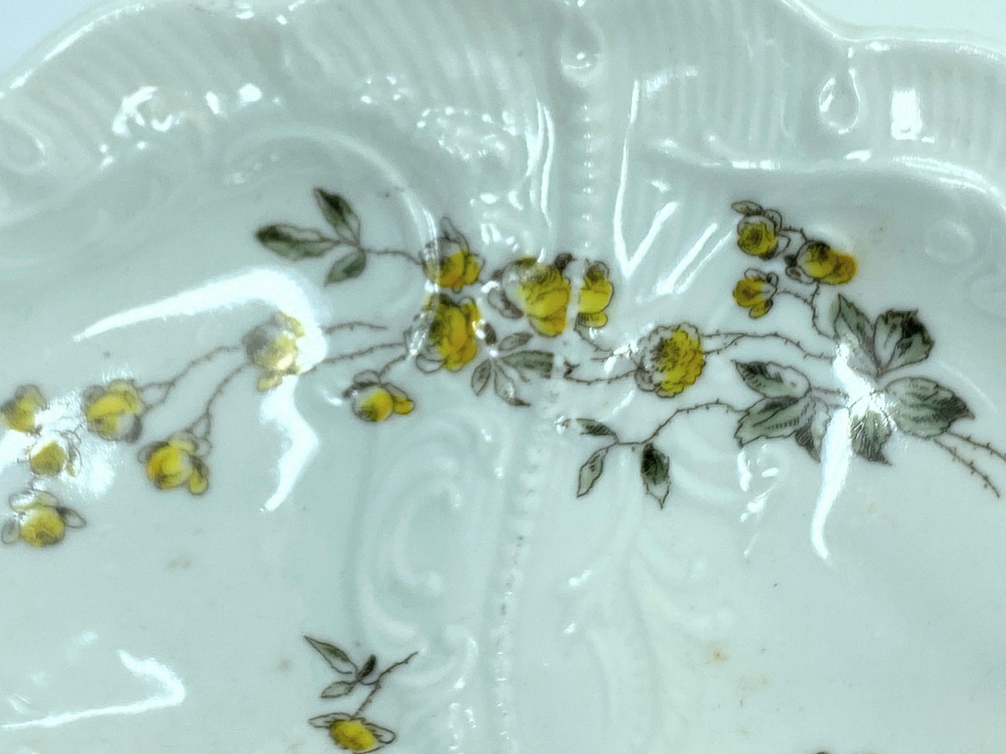 Vintage 1880s German Oyster Plate 5 well Yellow roses flowers adornment A527