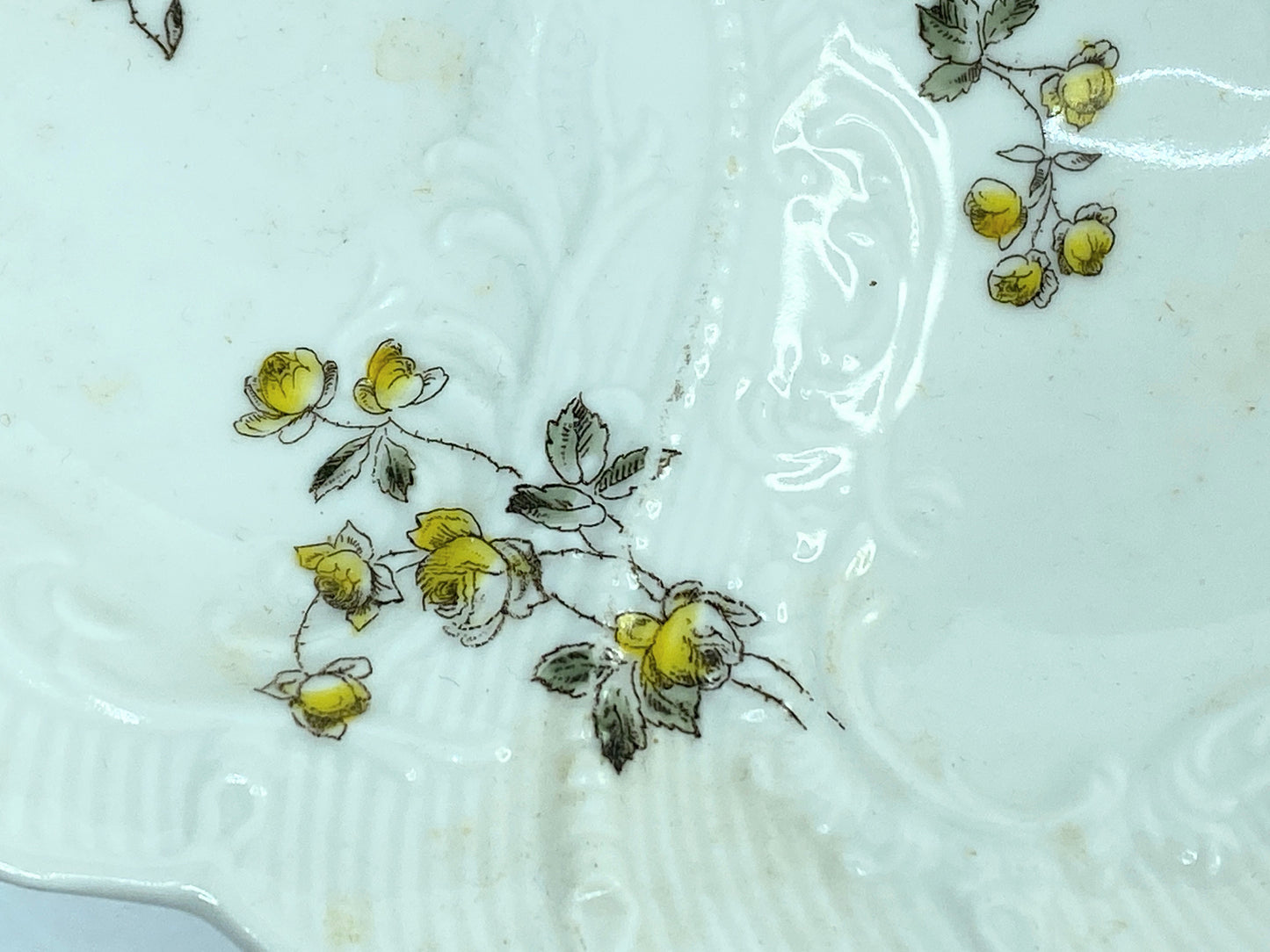 Vintage 1880s German Oyster Plate 5 well Yellow roses flowers adornment A527