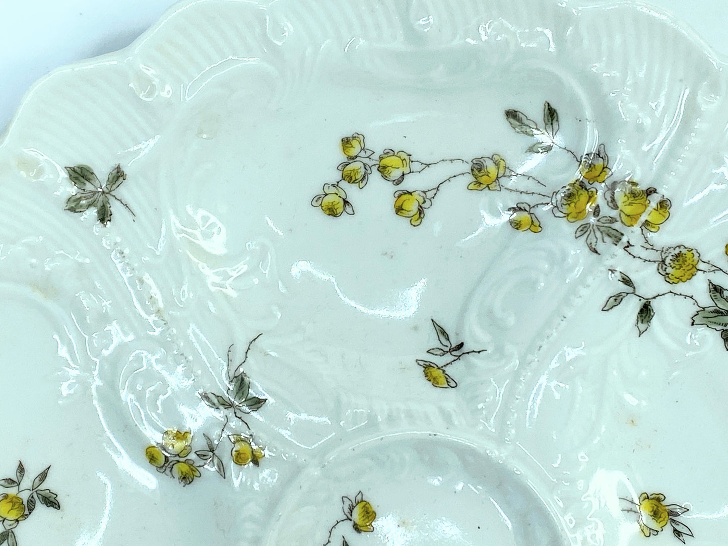 Vintage 1880s German Oyster Plate 5 well Yellow roses flowers adornment A527