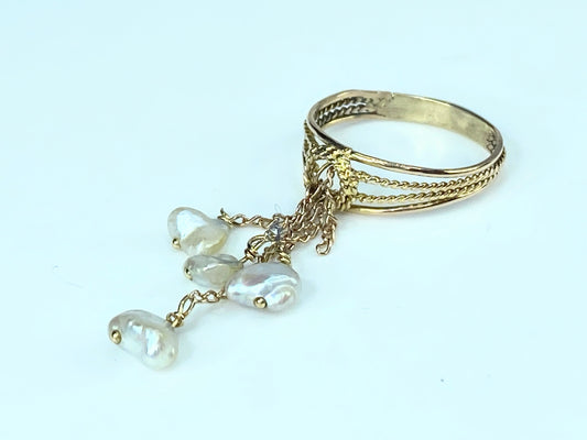 14K yellow gold Freshwater cultured pearl dangle ring s7.75 2.8f JR9277